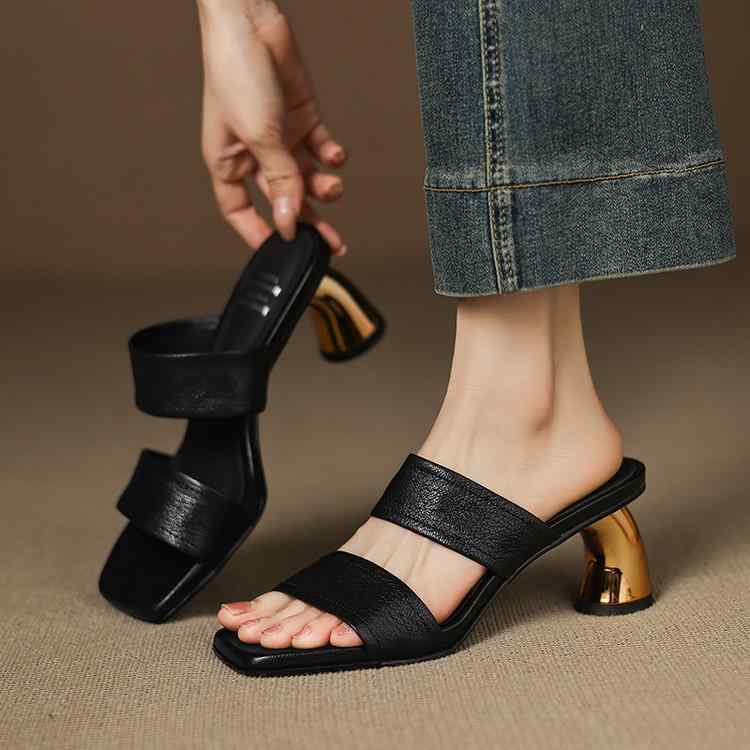 サンダル レディース 羊革 本革 コンフォート スリッポン 太ヒール バックストラップ スクエアトゥ カ..