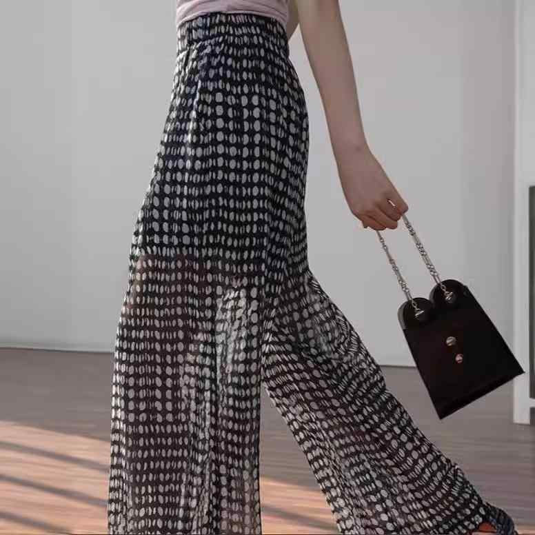 スカート レディース 黒 白 ドット柄 水玉模様 ハイウエスト シフォン 透け感 ロングパンツ ワイドレッグパンツ ポリエステル 普段使い リラックス 春夏