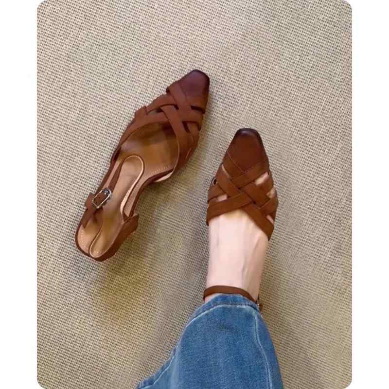 サンダル レディース バックストラップ ポインテッドトゥ チャンキーヒール 3cm~6cm レザー 牛革 安定..