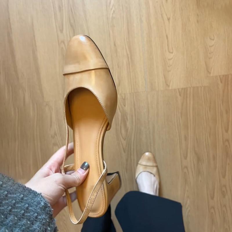 サンダル レディース 羊革 本革 ストラップ ローヒール ラウンドトゥ バックストラップ レトロ かわい..