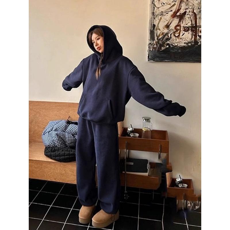 スウェット レディース 秋冬 セットアップ 裏起毛 ゆったり ジャージ 上下セット ルームウェア 部屋着 普段使い ズボン パンツ 紺 ネイビー 無地