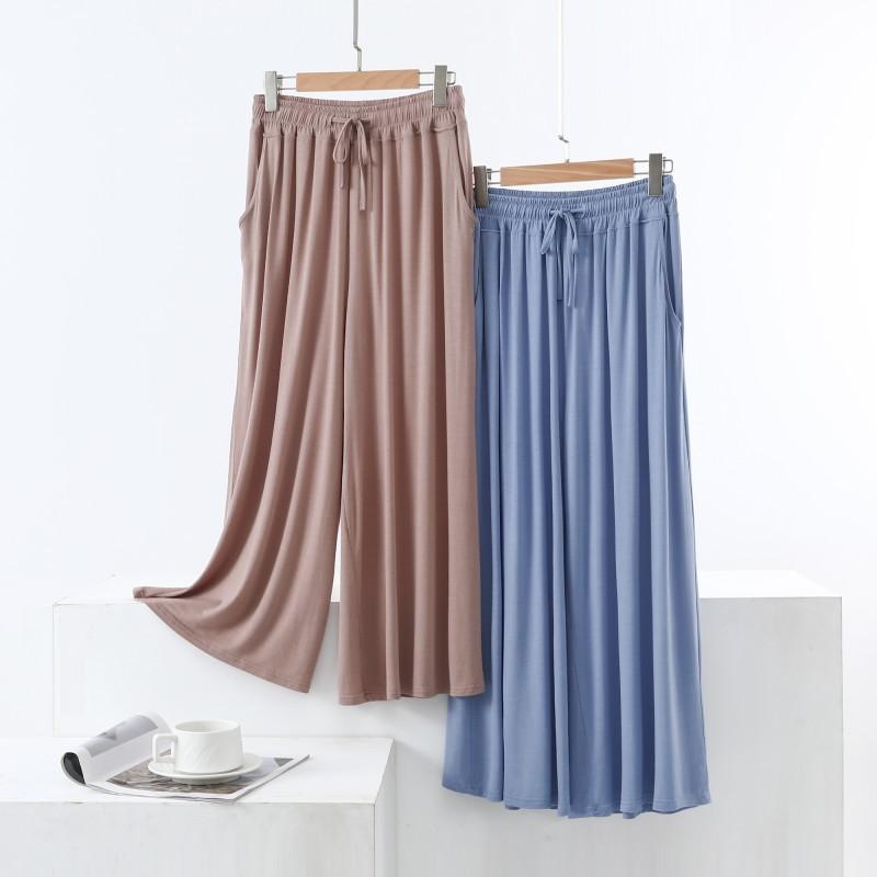 パンツ レディース 大きいサイズ モダール ワイドレッグパンツ 春夏 高見え ハイウエスト ゆったり ストレート 九分丈 ダンスパンツ ズボン スカート 黒 緑 赤 茶 青 灰色