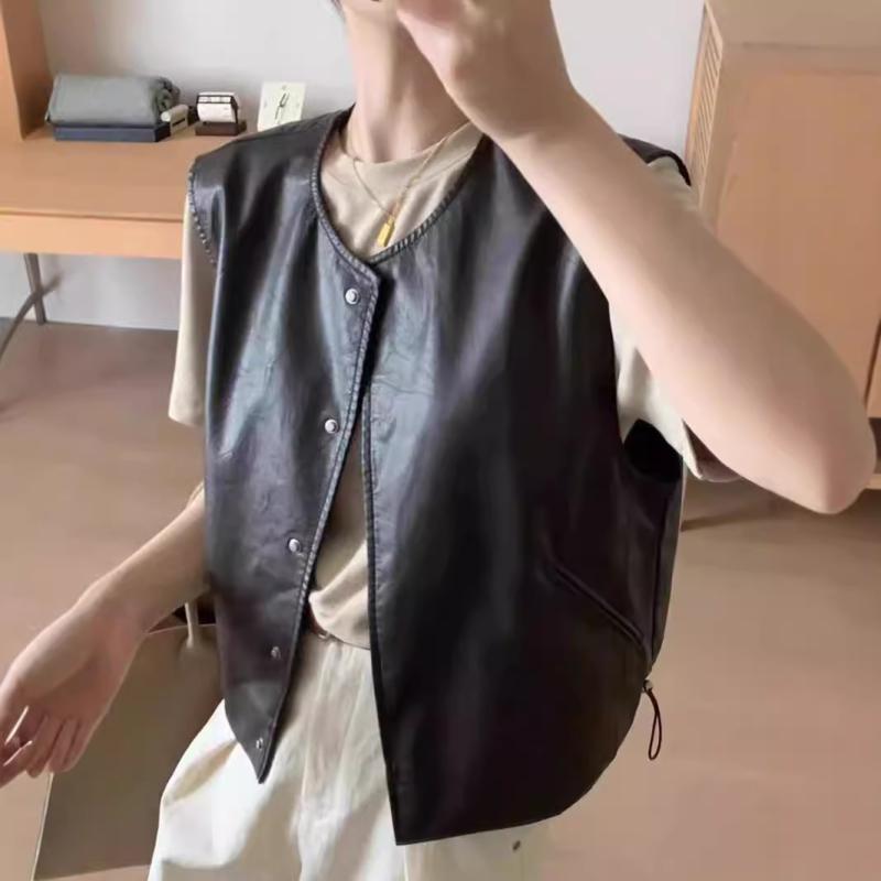 ベスト レディース レトロ カジュアル ゆったり ノースリーブ チョッキ PUレザー フェイクレザー 黒 ブラック 茶色 ブラウン M L XL 春秋 ラウンドネック ポケット付き アラサー アラフォー きれいめ 通勤