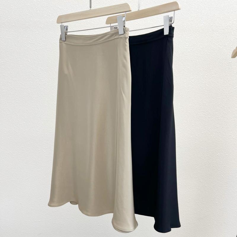 楽天Tanzanスカート レディース 春夏 シルク Aラインスカート ミモレ丈スカート 桑蚕糸 高腰 ブラック シャンパンゴールド 無地 エレガント 上品 通勤