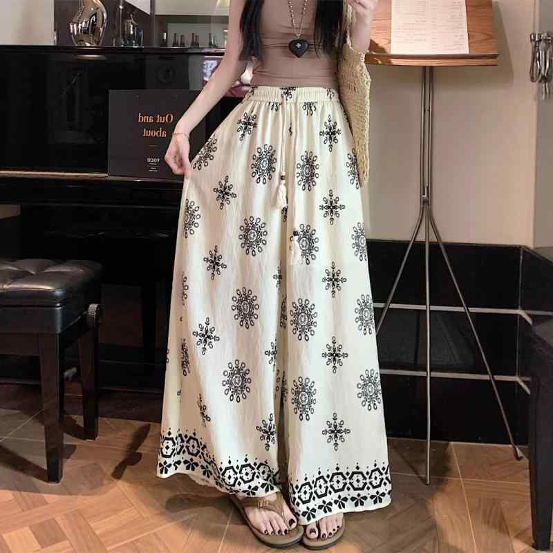 パンツ レディース 大きいサイズ ワイドレッグパンツ スカート風 ポリエステル 高腰 プリント柄 ゆったり ストレート 杏色 ブラック M L XL 2XL 3XL 4XL