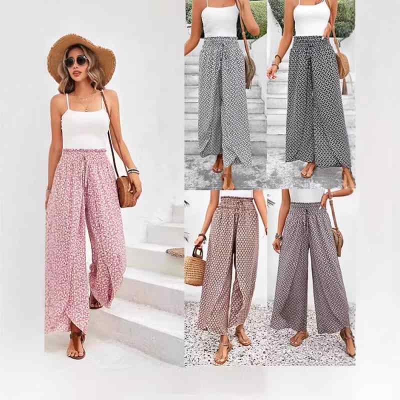 スカート レディース 婦人服 春夏 ファッション ボトムス パンツ ワイドレッグ ポリエステル 花柄 ピンク系