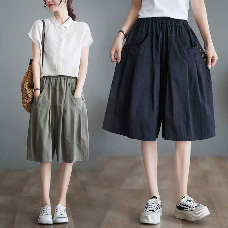 パンツ レディース ワイド キュロットスカート 高腰 コットン混紡 5分丈 ブラック 浅緑 オレンジ ゆったり 文芸風 快適 普段使い