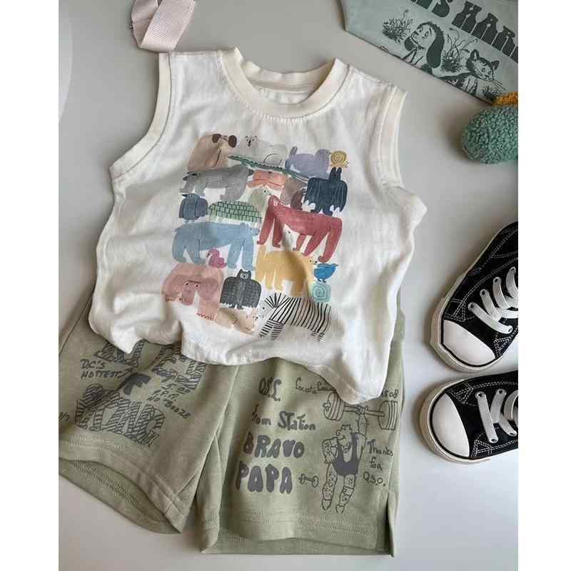 子供服 男の子用 上下セット 夏物 Tシャツ 短パン コットン 薄手 半袖 アプリコット トップス 緑 ショ..