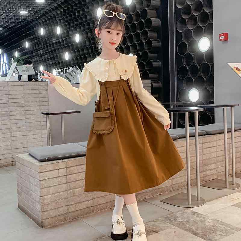 子供服 セットアップ スカートスーツ 女の子 2点セット 長袖ブラウス サロペットスカート コットン 韓国風 春秋 かわいい ガールズ キッズ 学院風