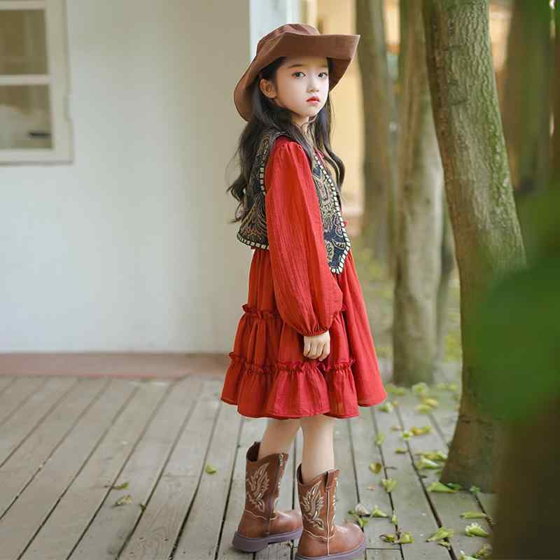 ワンピース ガールズ 長袖 A字スカート ベスト 2点セット 異国風 子供服 秋物 100 110 120 130 140 150 160 普段着 パーティー 旅行