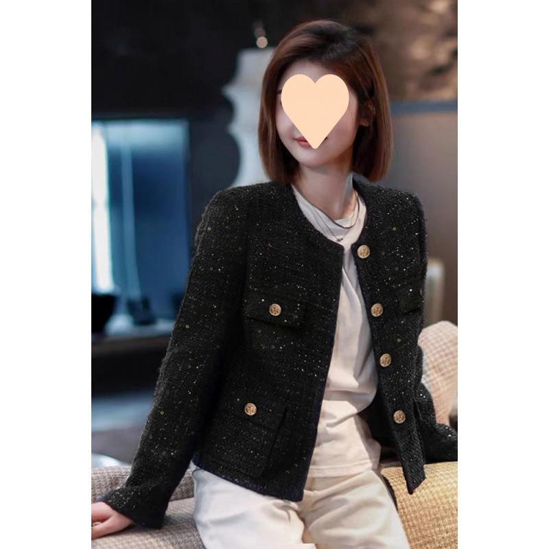 ジャケット レディース 小柄 ブラック スパンコール ツイード ショート丈 トップス 秋 ヘップバーン風