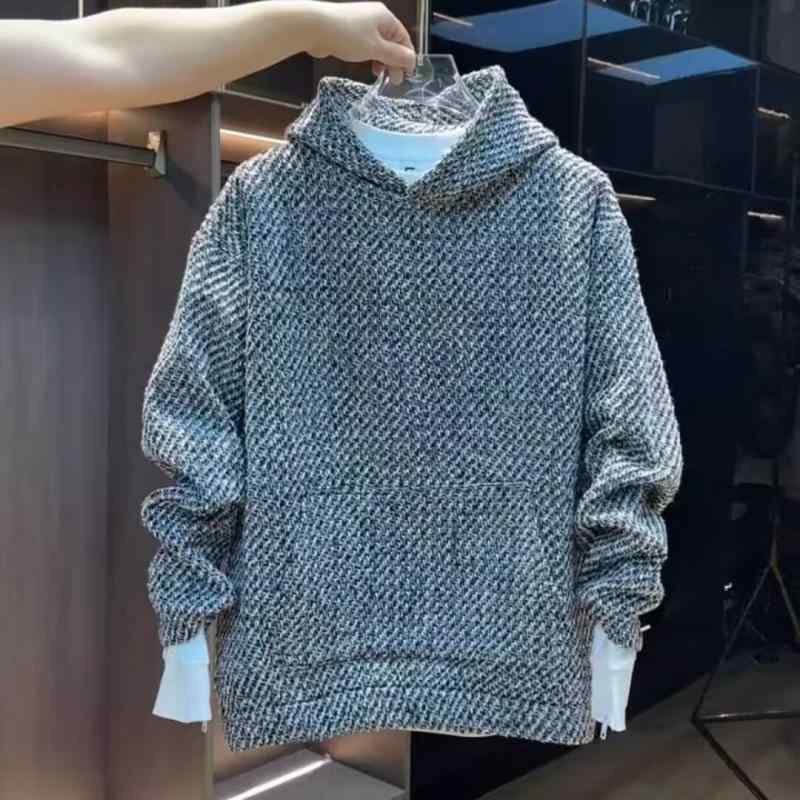 パーカー メンズ スウェット プルオーバー 秋冬 粗 ткани ツイード風 編み込み フード付き ゆったり リラックス トップス カットソー 普段使い デイリーウェア