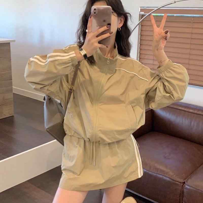 セットアップ レディース 接触冷感 薄手 スポーツウェア 上下セット アウター ジャケット 伸縮ウエスト スカート カーキ色 ブラック系