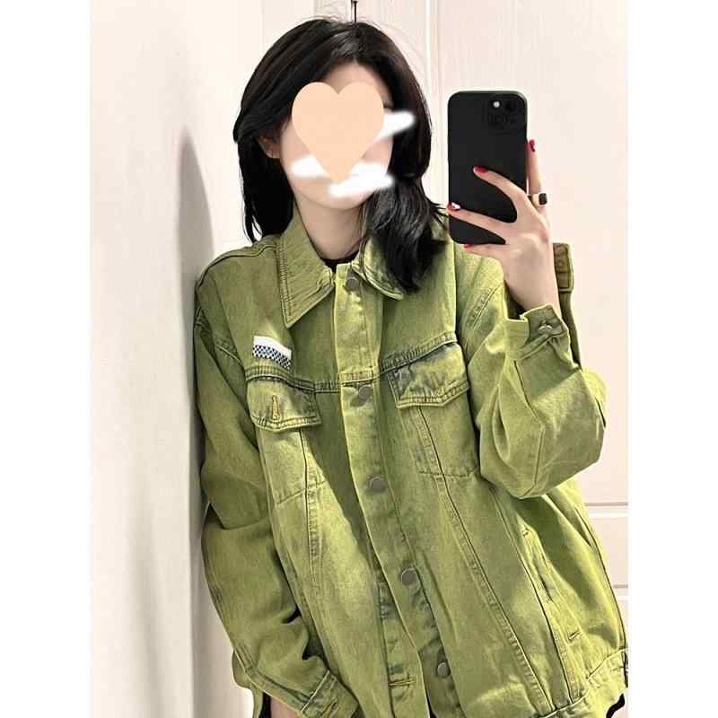 デニムジャケット レディース アボカドグリーン Gジャン アウター トップス 長袖 ショート丈 襟付き カ..