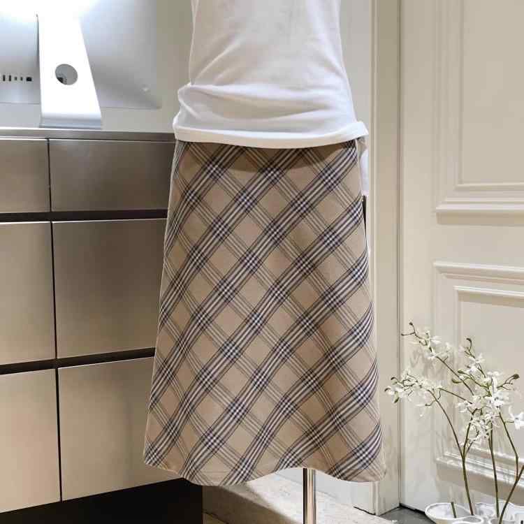 スカート レディース 春夏 格子柄 Aライン ミモレ丈 韓国風 ポリエステル混紡 伸縮性 スタイルアップ