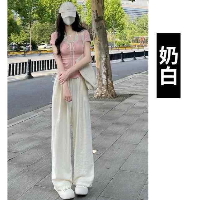 パンツ レディース 接触冷感 ポリエステルアミド 直筒パンツ ゆったり かわいい カジュアル 海塩ブルー..