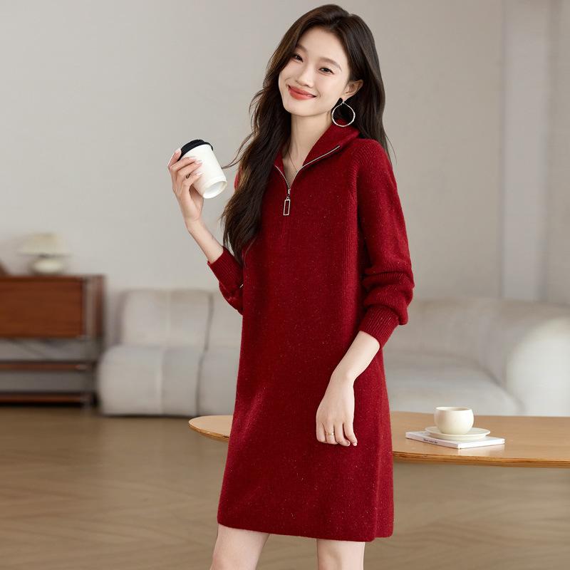 ニットワンピース レディース 秋冬 ミドル丈 ハーフジップ おしゃれ インナー ウェア カジュアル トレ..