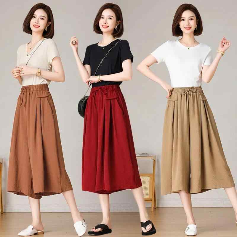 ハーフパンツ レディース ワイド 接触冷感 韓国風 カジュアルパンツ 薄手 ゆったり ブラック コーヒー色 カーキ色 ワインレッド オレンジ系 紫 M L XL 2XL 3XL