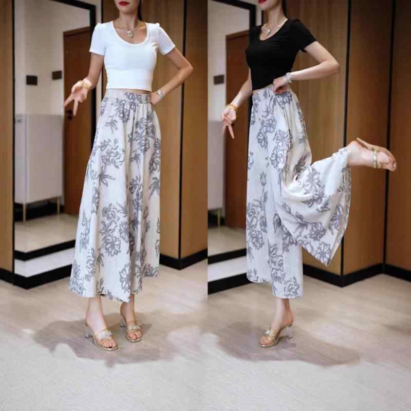 スカート レディース 婦人服 ワイドパンツ スカンツ ガウチョパンツ ポリエステル 高腰 ポケット付き 花柄 伸縮性 薄手 ゆったり リラックス 春夏 リゾート