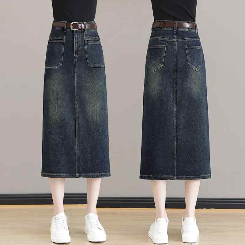 スカート レディース デニム ロング丈 スリット入り タイト 美脚 脚長効果 グレー ミモレ丈 カジュアル..