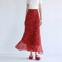 スカート レディース 春夏 レトロ 小花柄 ロング丈 Aライン マーメイド 赤色 おしゃれ かわいい ウエストシェイプ