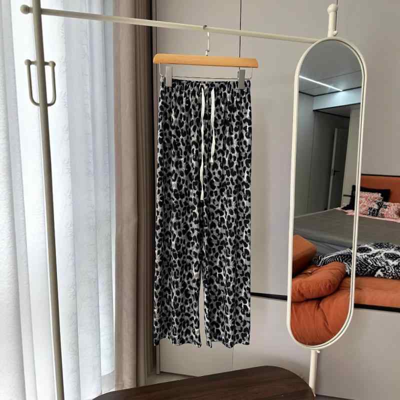 パンツ レディース ヒョウ柄 ワイドレッグパンツ ゴムウエスト リラックス ストレートパンツ 薄手 ポリエステル 普段使い 快適 伸縮性 ブラウン系 グレー