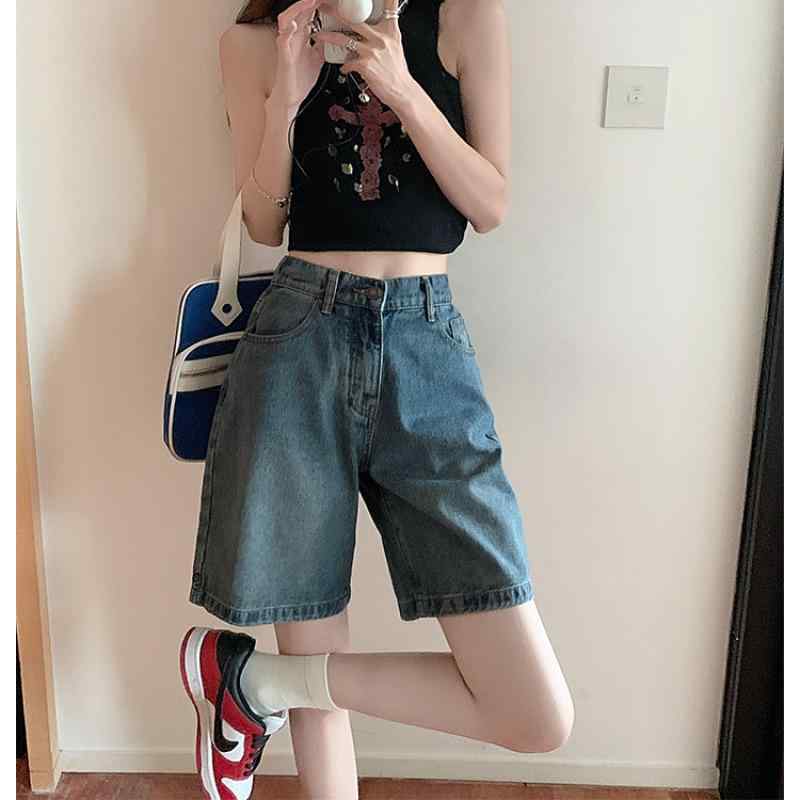 デニム レディース ショートパンツ 高身長 高見え 高品質 高見え カジュアル 高見え 美脚 ゆったり 伸縮性 ウォッシュ加工 ボタン ブルージーンズ