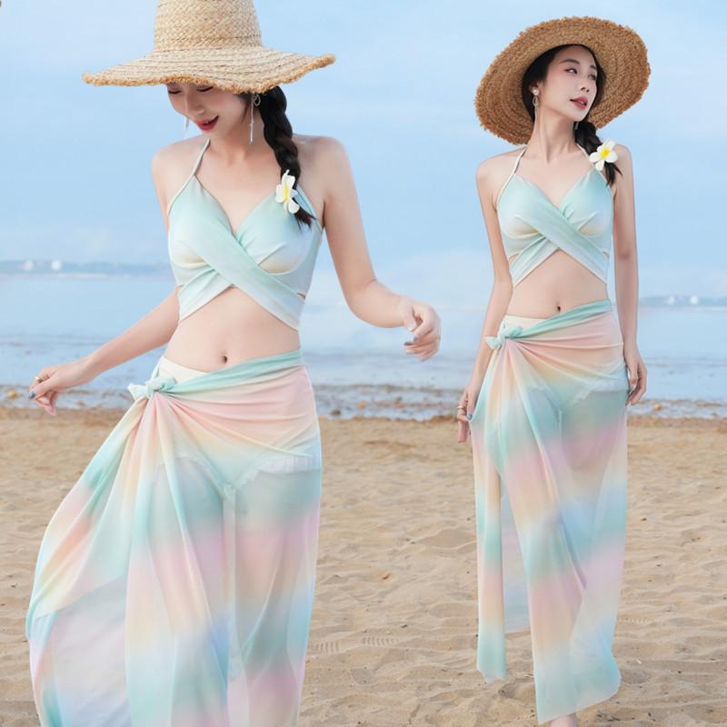水着 レディース ビキニ 体型カバー セパレート 3点セット 体系カバー ビーチ プール リゾート 旅行 ショール付き ポリエステル 無地 グリーン パープル
