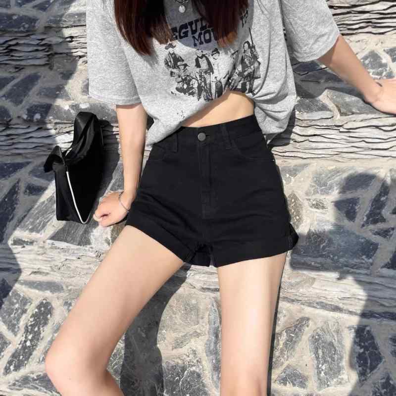 デニム レディース ショートパンツ ハイウエスト キュロットパンツ ホットパンツ 短パン ジーパン Aライン ゆったり 黒 春夏
