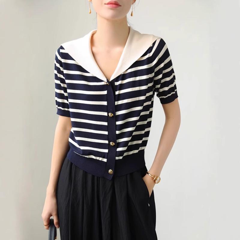 ニット レディース サマーニット 半袖 ボーダー柄 マリンルック 薄手 配色 トップス プルオーバー 接触冷感 きれいめ カジュアル かわいい