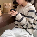 ニット レディース 韓国風 柔らかい ストライプ柄 フード付き プルオーバー 長袖 アクリル ゆったり 灰色 アイボリー 秋冬