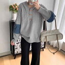 ニット レディース レトロ 連帽 麻花模様 切り替え デニム 厚手 セーター トップス 黒色 米白色 灰色
