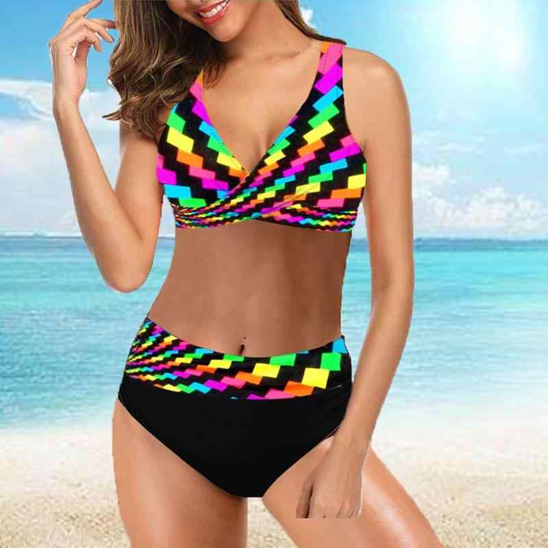 水着 レディース 大きいサイズ ハイウエスト セクシー レトロ 欧米風 ビキニ 分体式 体系カバー Rainbow カラー ブロック スイムウェア M L XL 2XL 3XL