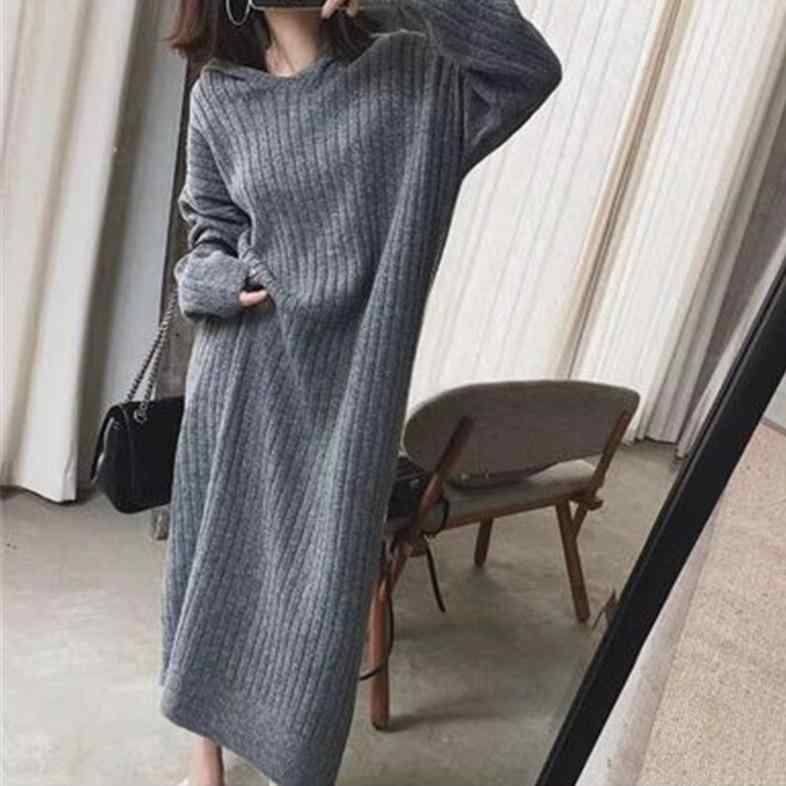 ニットワンピース レディース 秋冬 韓国風 ゆったり 暖かい 厚手 長袖 フード付き ロング丈 膝丈 無地 ..