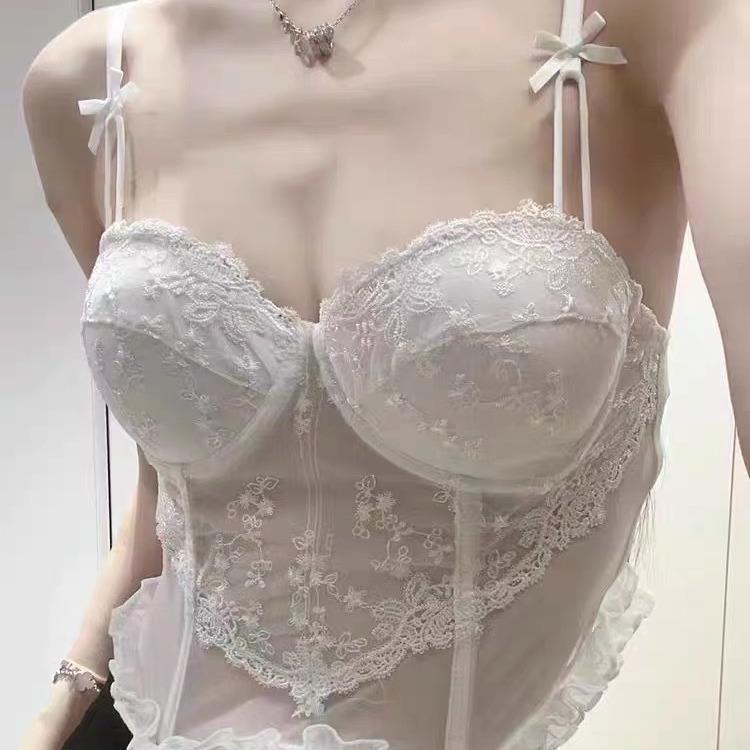 キャミソール レディース ランジェリー レース 切り替え チュール ビスチェ ピンク系 ショート丈 トッ..