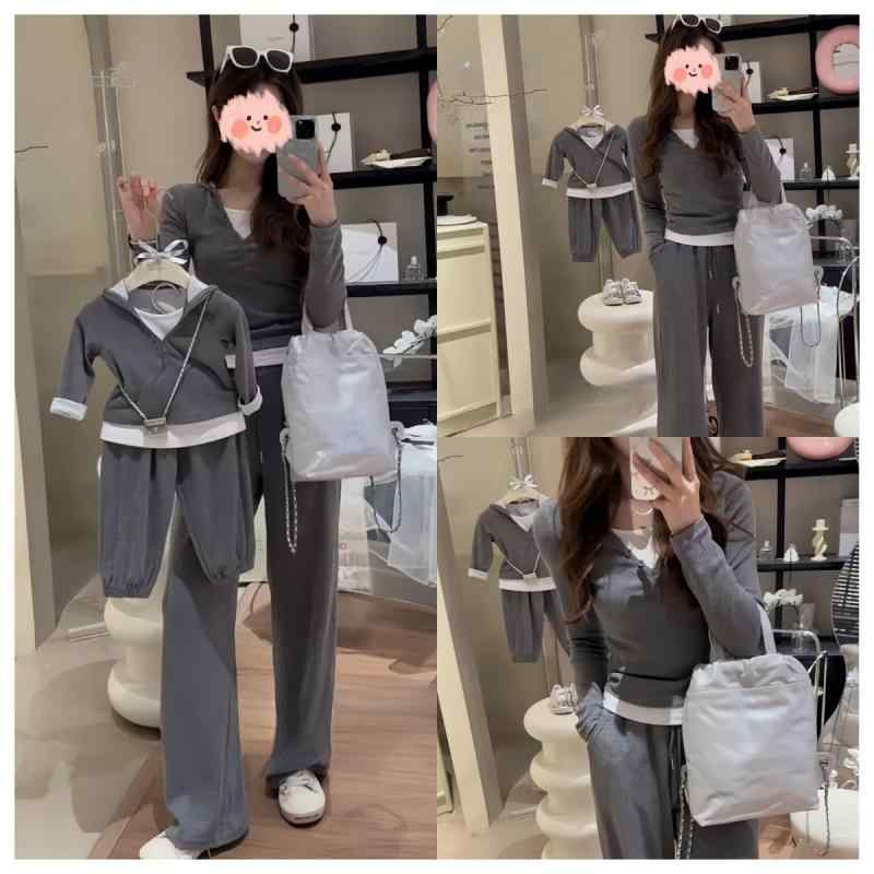 親子服 レディース ガールズ 秋物 セットアップ 柔らかい 綿混紡 無地 グレー 上下セット 親子コーデ