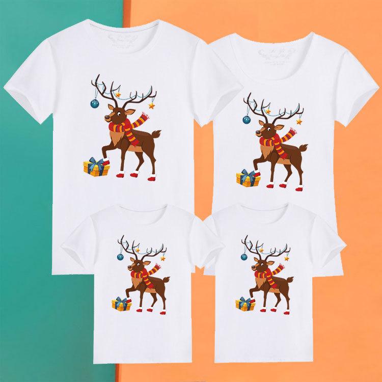 Tシャツ 親子 ペアルック 家族写真 記念撮影 レッド クリスマス トナカイ プリント 半袖 カットソー ト..