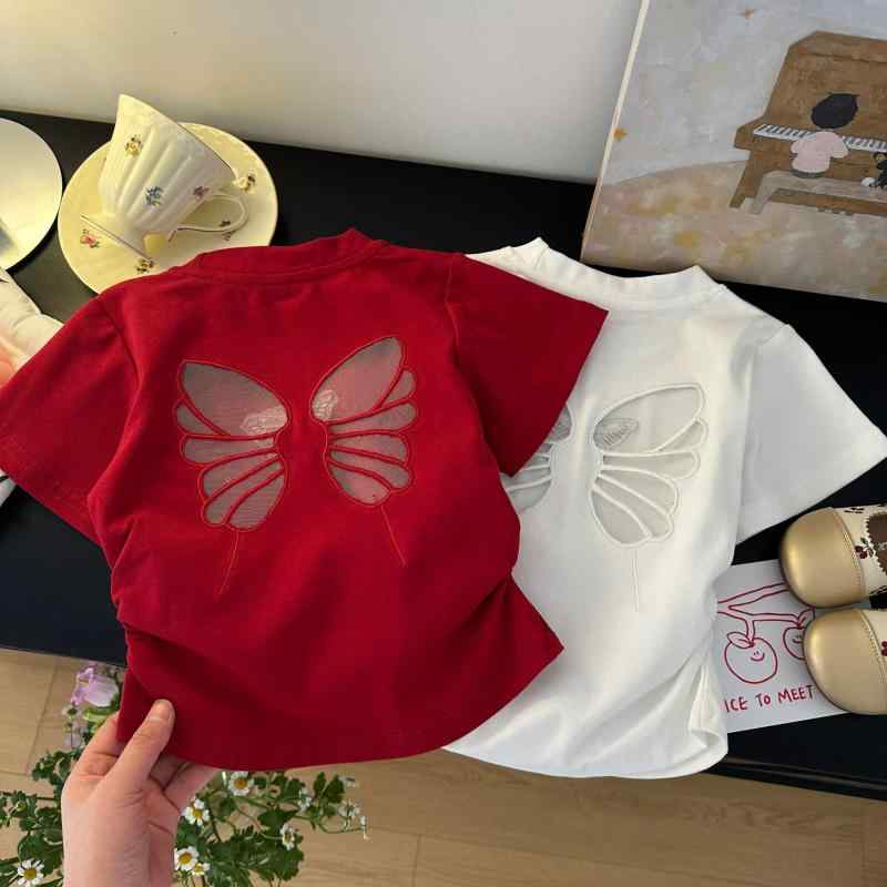 Tシャツ キッズ 女の子 半袖 夏 蝶 刺繍 メッシュ ショート丈 スリムフィット トップス 赤 白 80cm 90c..