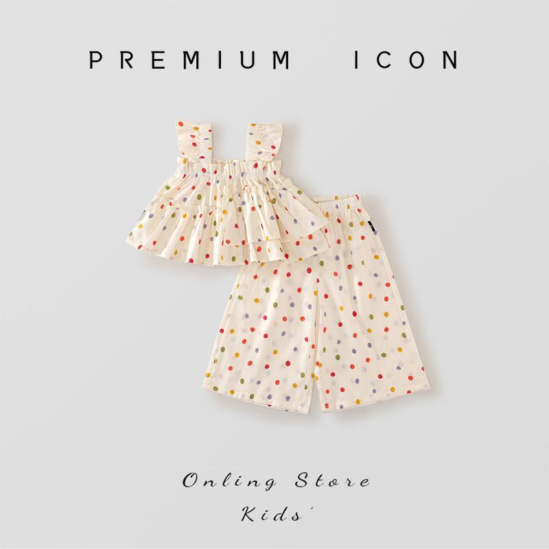 子供服 女の子 水玉模様 セットアップ 春夏 ノースリーブ トップス ワイドレッグパンツ 2点セット 薄手..