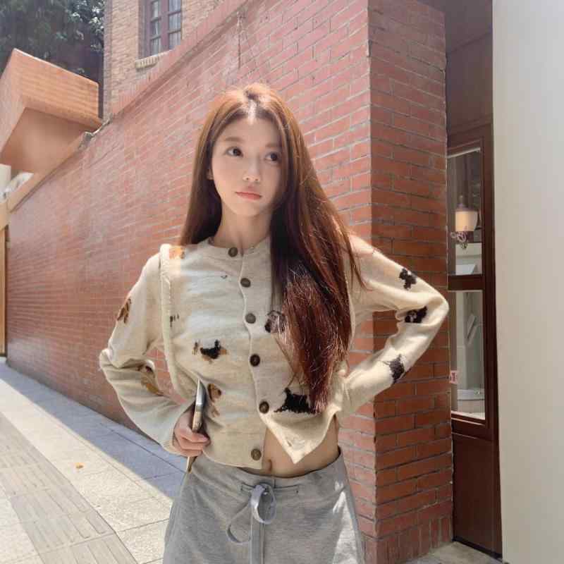 ニット・セーター レディース かわいい 小犬 ジャカード 長袖 カーディガン 秋冬 ショート丈 トップス ..