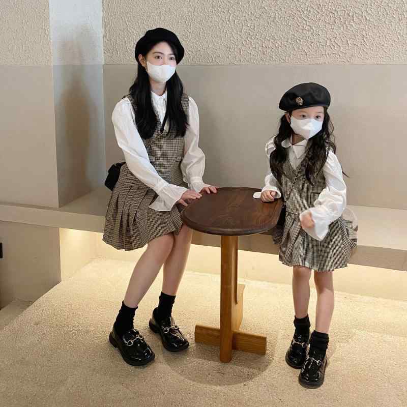 親子 ペアルック 母娘 セットアップ 子供 女の子 丸襟 ブラウス シャツ スカート プリーツスカート 春..