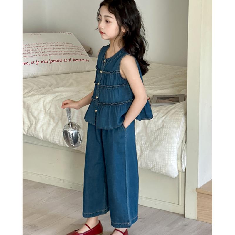 キッズ 女の子 デニム セットアップ ノースリーブ ワイドレッグパンツ 2点セット ガールズ 子供服 夏服..