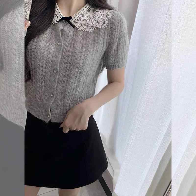 ニット レディース 春物 薄手 カーディガン ショート丈 ウール混 刺繡 娃娃领 パフスリーブ 通勤 オフィス かわいい XS S M