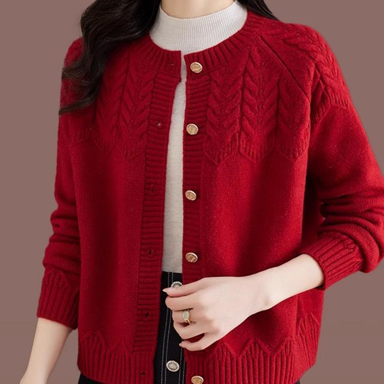 カーディガン レディース ニット ショート丈 ゆったり 羊毛 トップス ラウンドネック セーター アウター 秋冬 赤 ピンク グレー