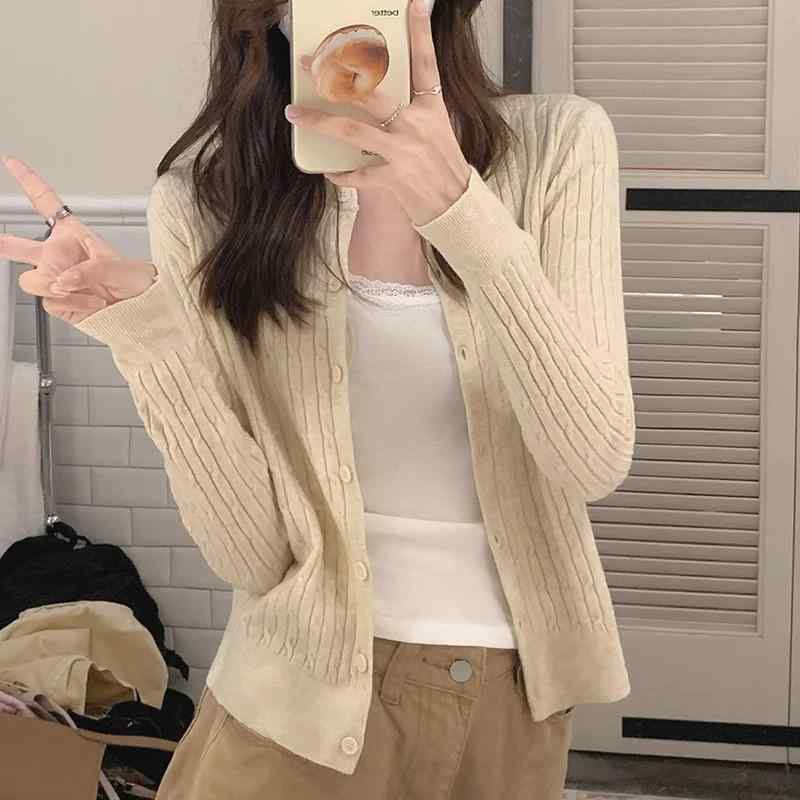 カーディガン レディース ニット 麻花模様 ケーブル編み 秋冬 トップス 刺繡入り 長袖 ショート丈 ラウンドネック グレー系