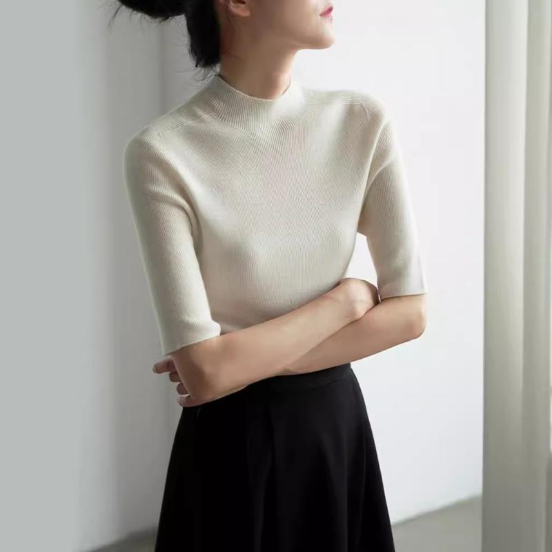 ニット レディース 五分袖 コットン トップス 春夏 薄手 ハーフネック プルオーバー カットソー 無地 スリムフィット 通勤 オフィス カジュアル ブラック ホワイト グレー