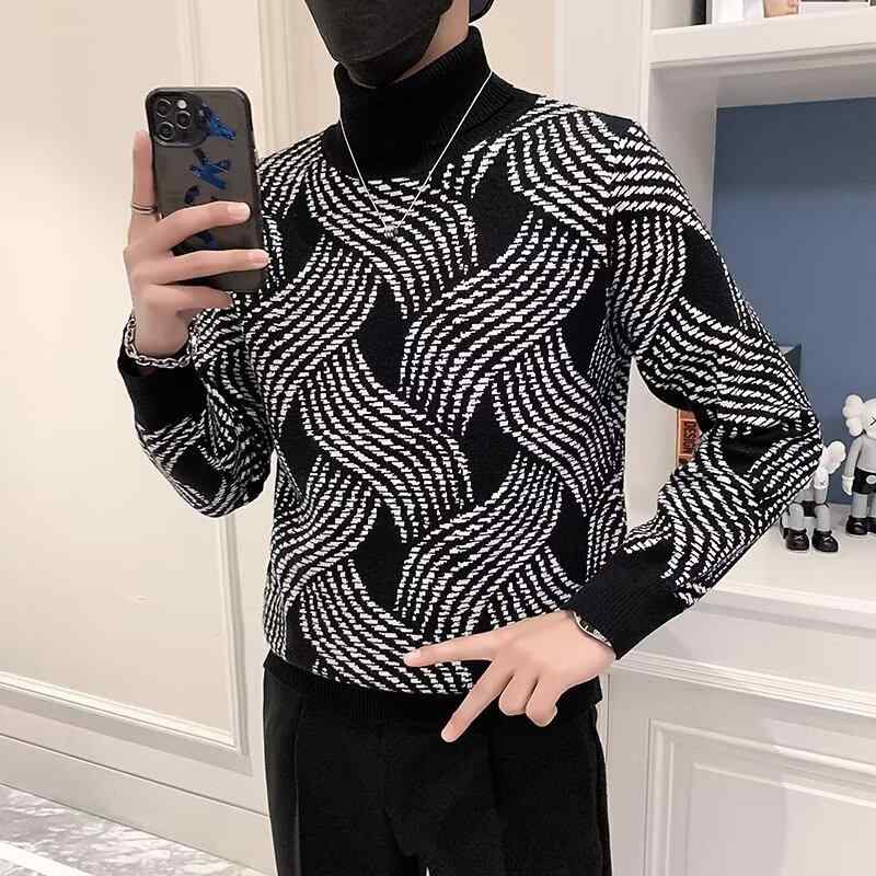 ニット メンズ 秋冬 長袖 インナー セーター 厚手 韓国風 ハーフハイネック プルオーバー トップス 普段使い 部屋着 ポリエステル ブラック