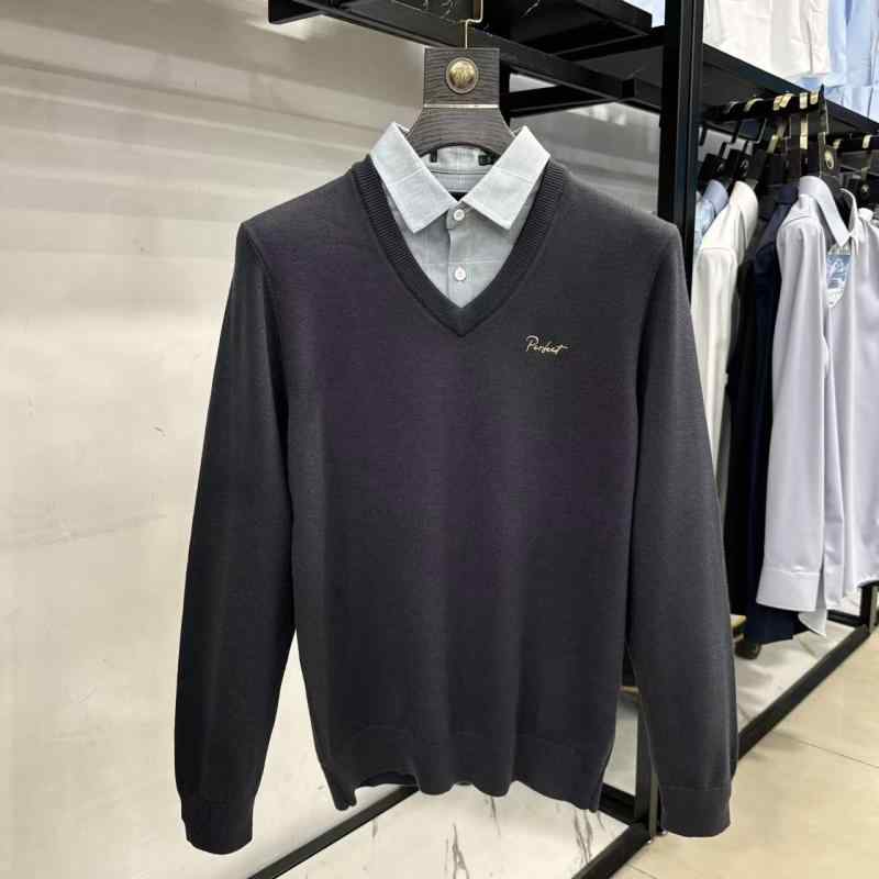 ニット カーディガン メンズ 紳士服 トップス 長袖 刺繍 スリムフィット ポリエステル混紡 鉄青グレー