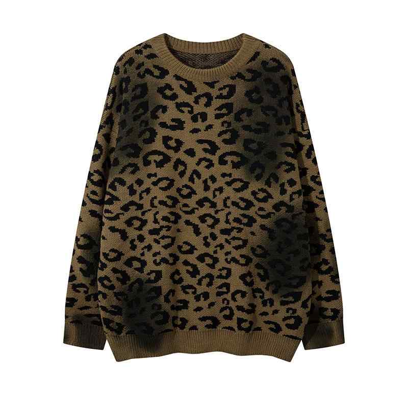 ニット メンズ ヒョウ柄 ジャガード編み クルーネック 秋冬 厚手 ゆったりサイズ カジュアルスタイル