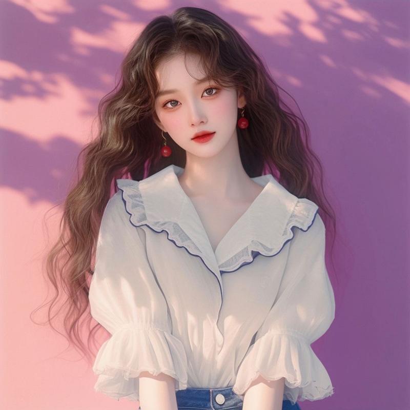 シャツ レディース 韓国 ファッション 包辺 デザイン シフォン ブラウス 泡 泡袖 トップス 半袖 Vネック 白 ホワイト 通勤 きれいめ(4)